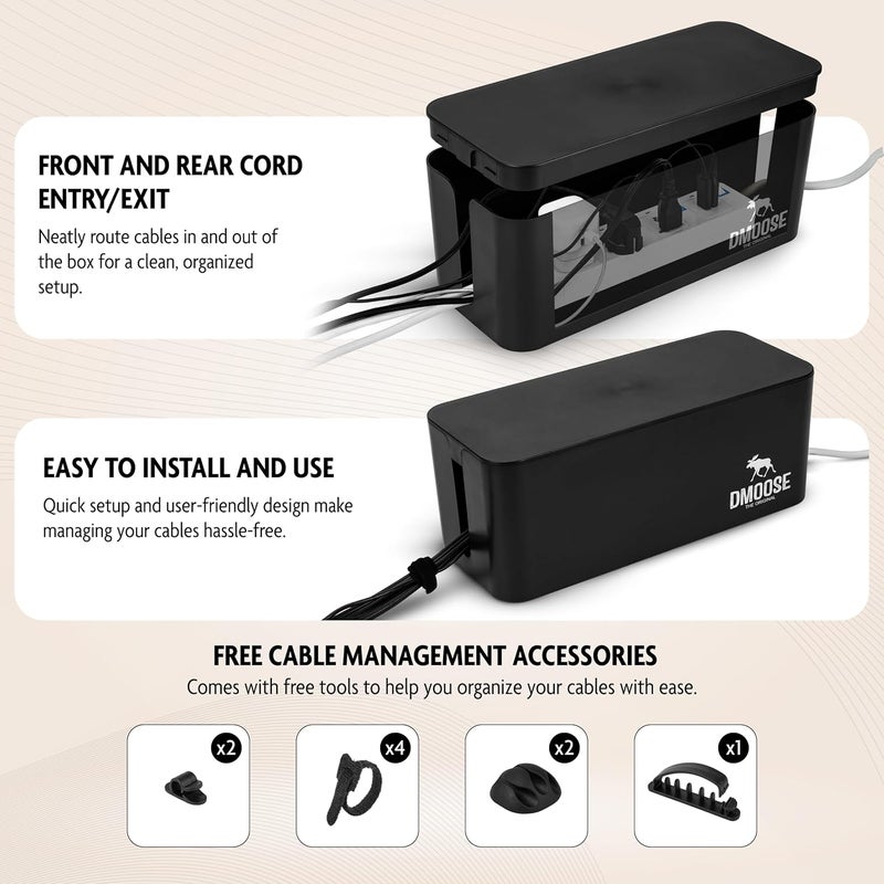 DMoose  Cable Management Box - 2 Pack Medium & Large Cord Organizer for Desk & Floor, Cable Organizer Box for Child & Pet - Cable Box Hider for Tidy Office & Home, Power Strip Cover (Black - Pack of 2) - Image 5